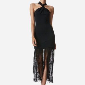 NEW Alice + Olivia Steph Fringe Midi Cocktail Dress in Black
